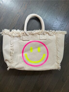 Canvas Tote Bag with Neon Smiley - Pink & Yellow